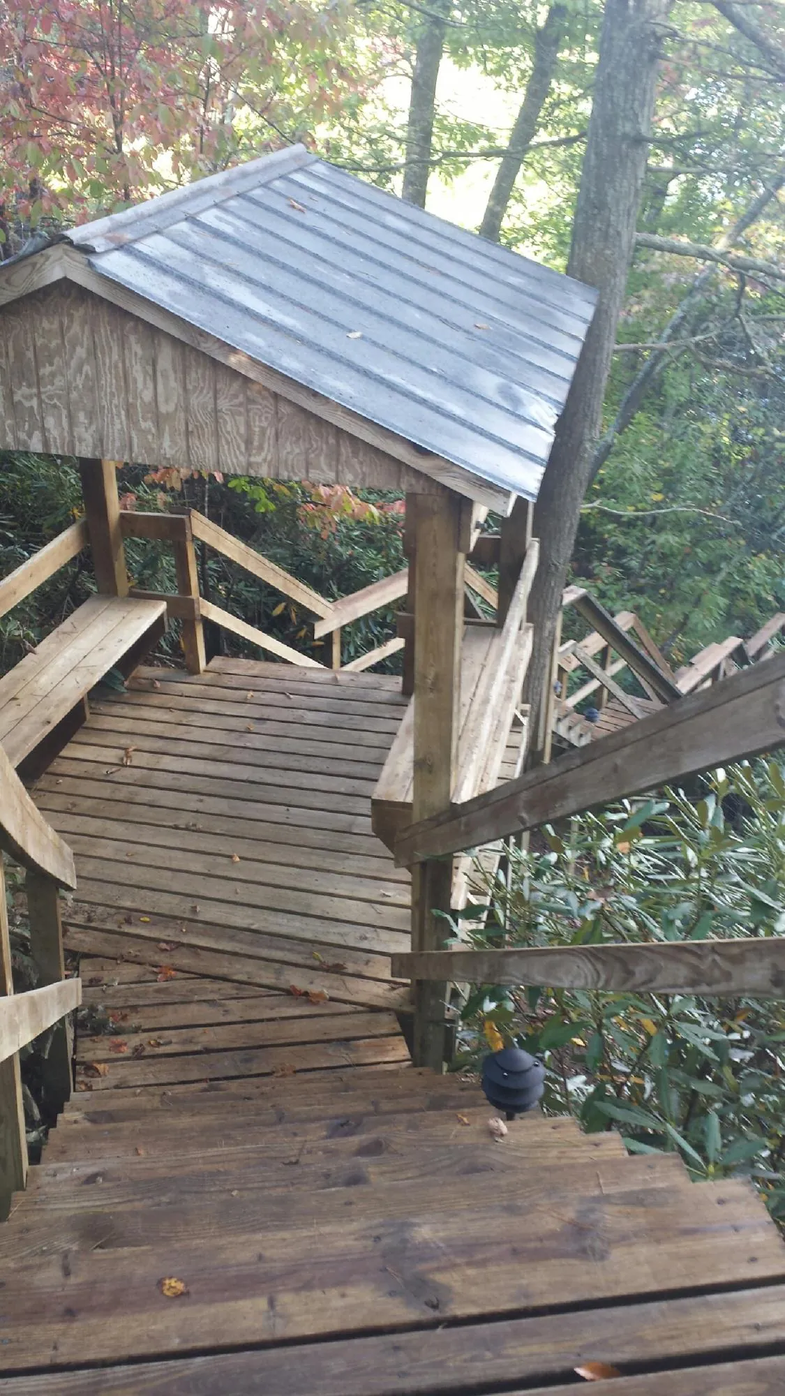 Metal roofed shelter over wooden steps on a wooded walkway — Skylight Repair & Installation work by our crew in Deer Creek